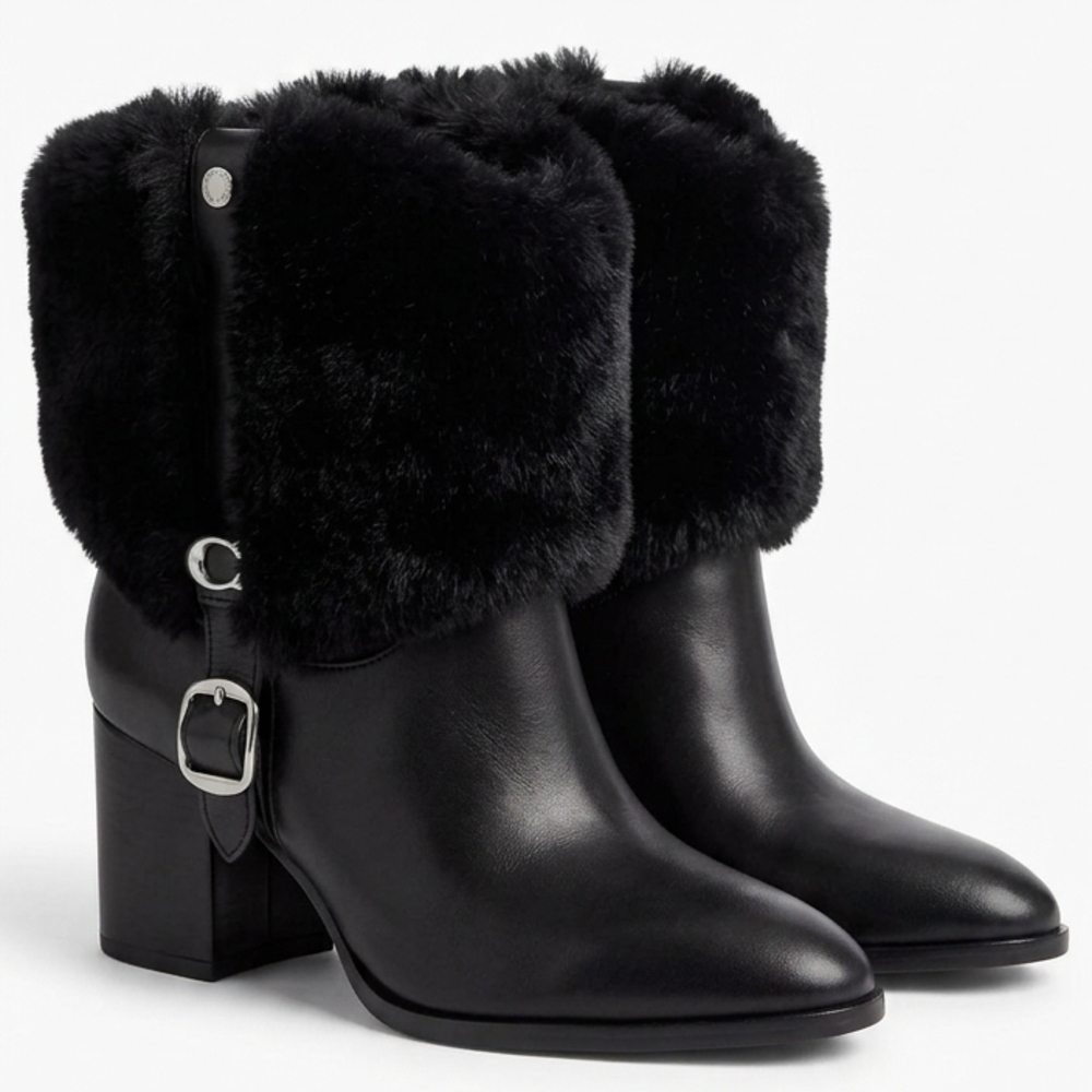 NWOT Vince Camuto Black Leather & Faux Fur Cuff Ankle Boots - Picture 2 of 8